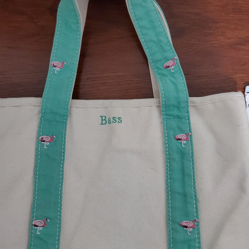 G.H. Bass Canvas Mini Tote Bag Flamingo Embroidered Teal Ivory 100% Cotton